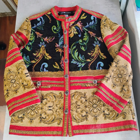 Vintage Sag Harbor Gold Red Tapestry Artsy Boho Button Up Jacket Size 12 Petite - Picture 9 of 12